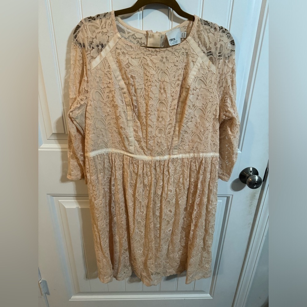 ASOS Curve Peach Lace Long Sleeve Drop Waist Dress - Picture 2 of 8